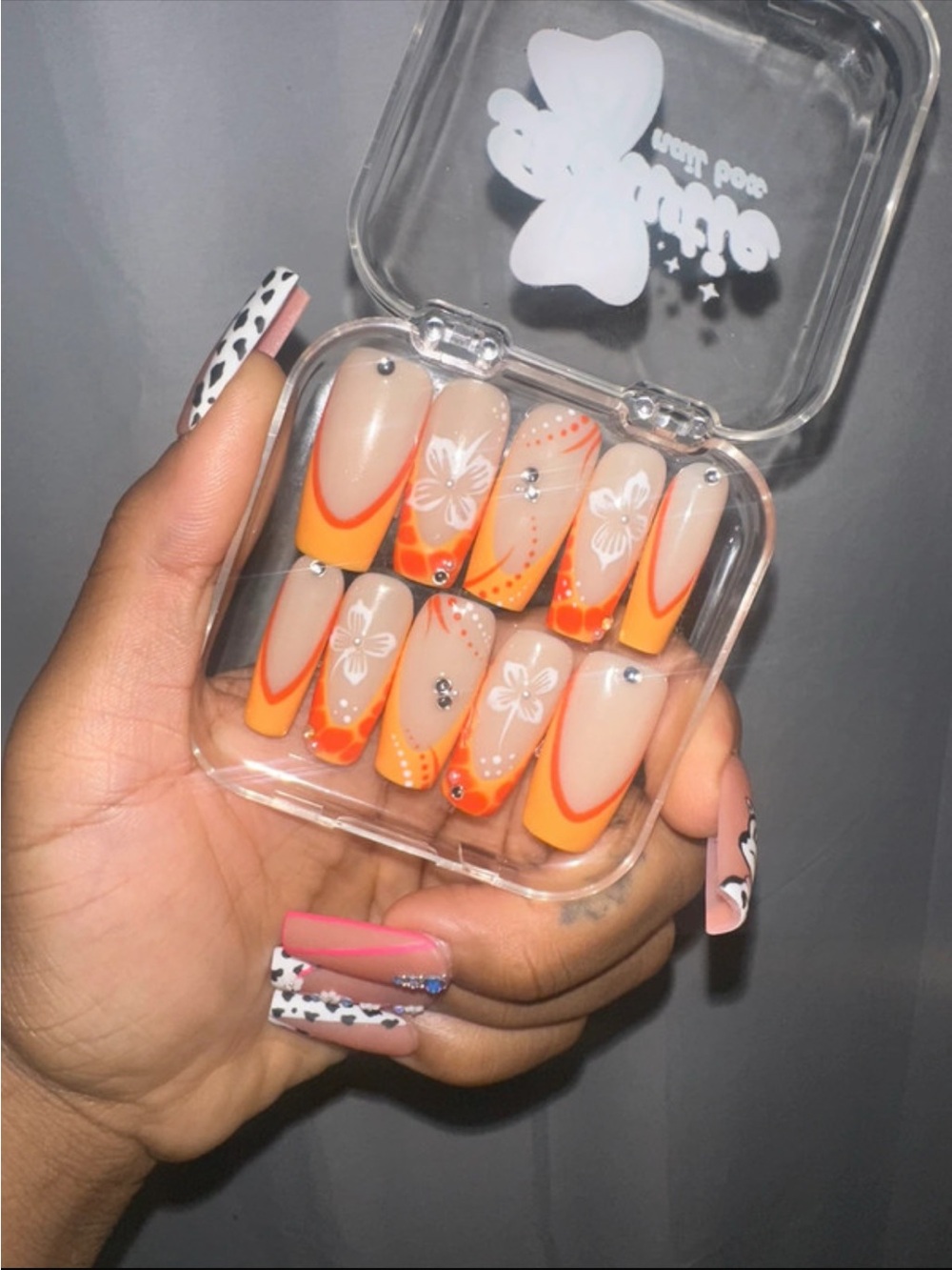 Neon Orange Floral Ombre Press-On Nails with Rhinestones